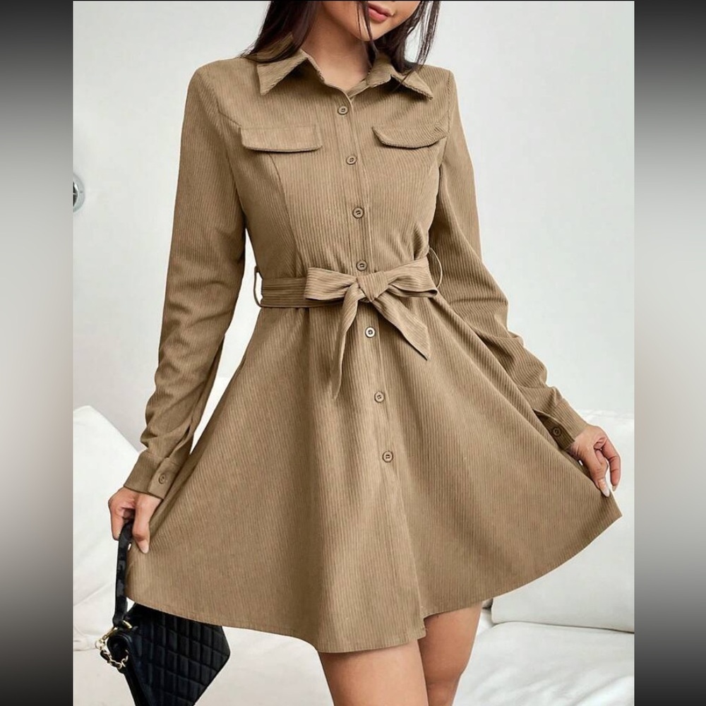 Flap detail belted shirt dress